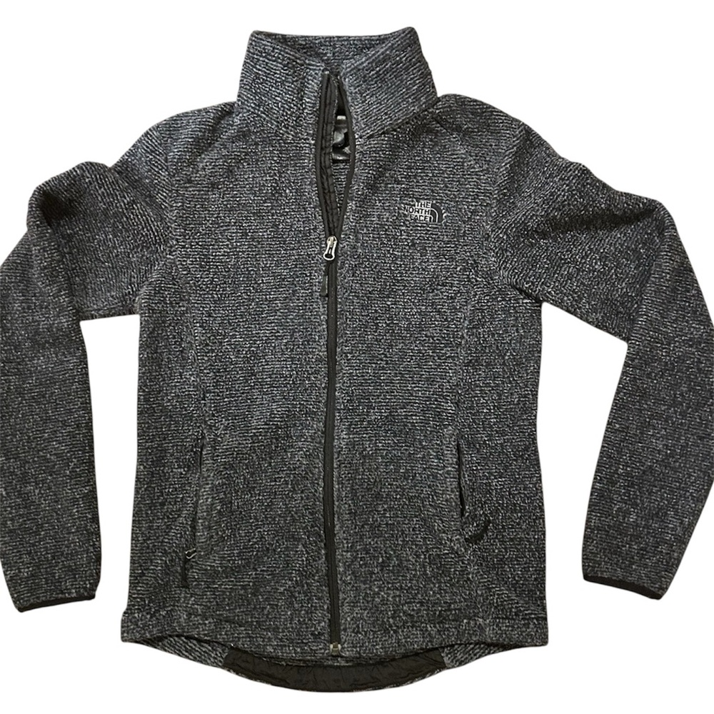The North Face Fleece Jacket Womens Size S Black Gray Stripe Full Zip Fuzzy Cozy